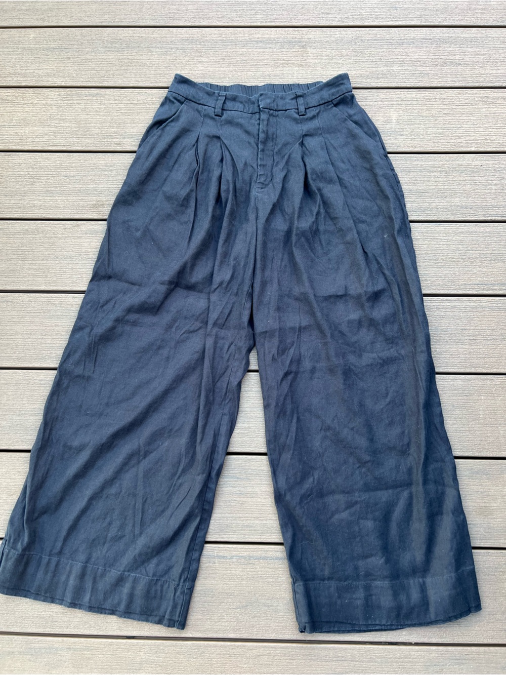 Maeve Navy Wide-Leg Pleated Linen-Blend Pants
